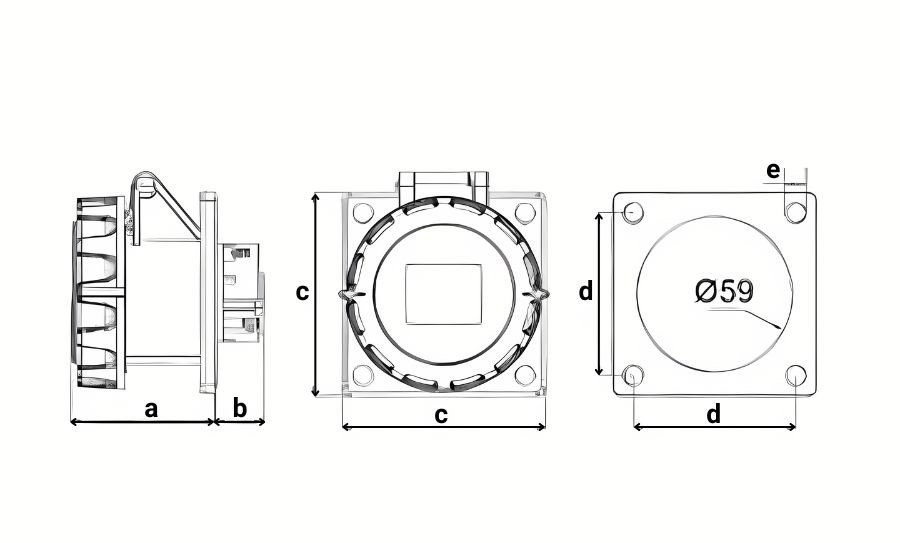 Chú thích kích thước ổ cắm cố định 3 cực 16A MPE MPN2-3132