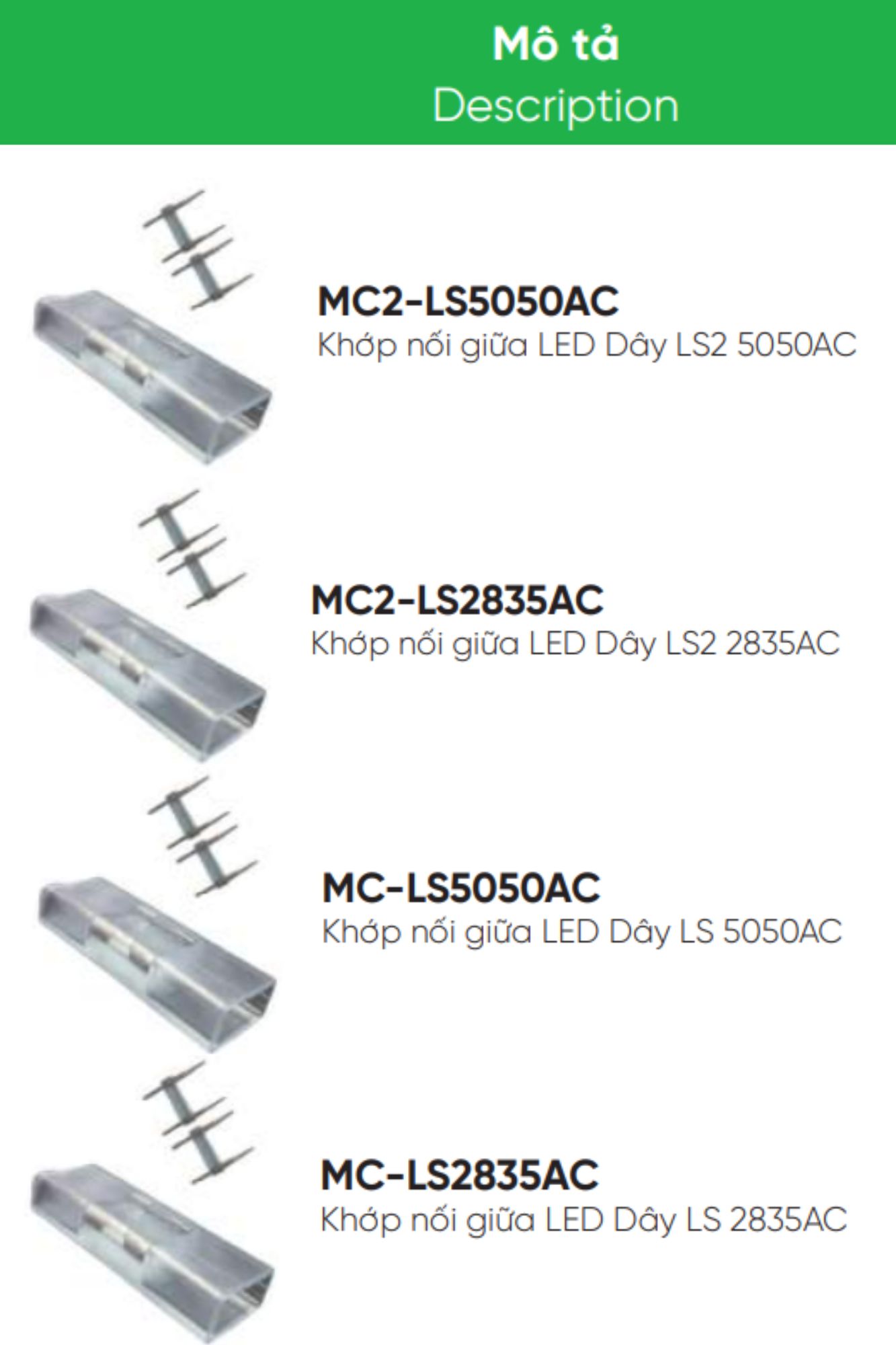 Tổng hợp khớp nối giữa led dây MPE MC-LS5050AC, 7W, 9W,...