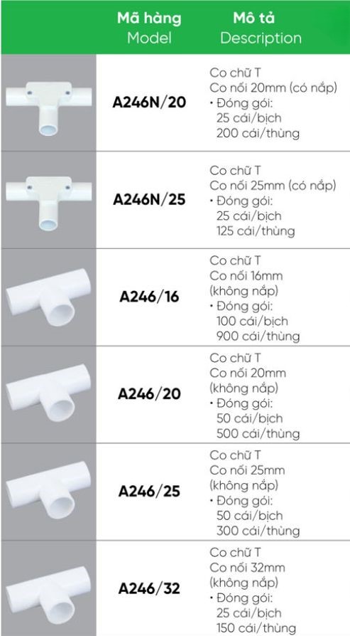 Co nối chữ T 20mm MPE A246N/20,....