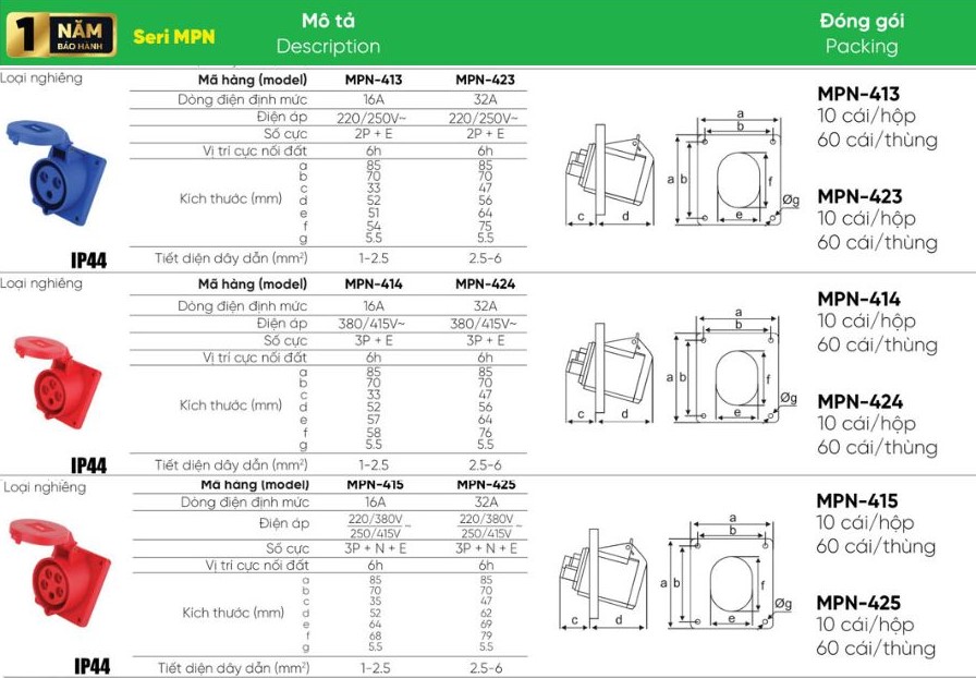 Ổ cắm cố định 3 cực 16A MPE MPN-413,...