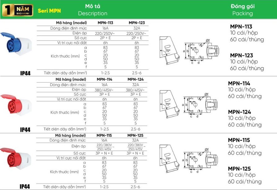 Ổ cắm cố định 3 cực 16A MPE MPN-113,...