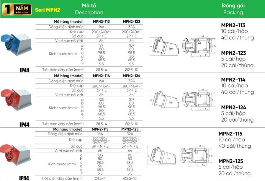 Ổ cắm cố định 3 cực 16A MPE MPN2-113,...