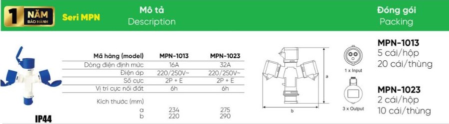 Ổ cắm di động 3 Connector 16A MPE MPN-1013,....