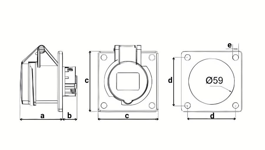 Chú thích kích thước ổ cắm cố định 3 cực 32A MPE MPN2-323