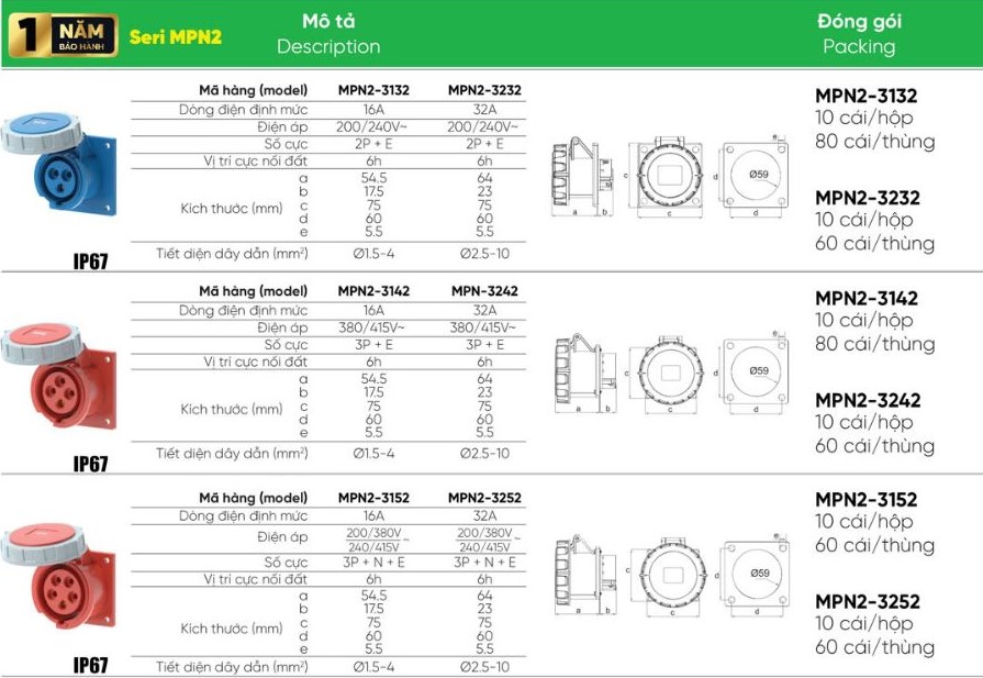 Ổ cắm cố định 3 cực 16A MPE MPN2-3132,...