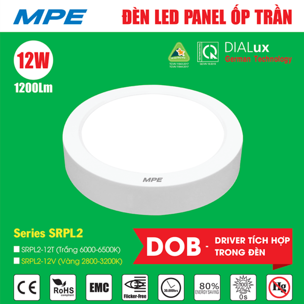 Thông số led panel tròn ốp nổi 12W MPE SRPL2