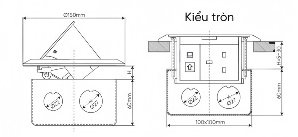 Chú thích kích thước ổ cắm âm sàn tròn MPE FCA-60