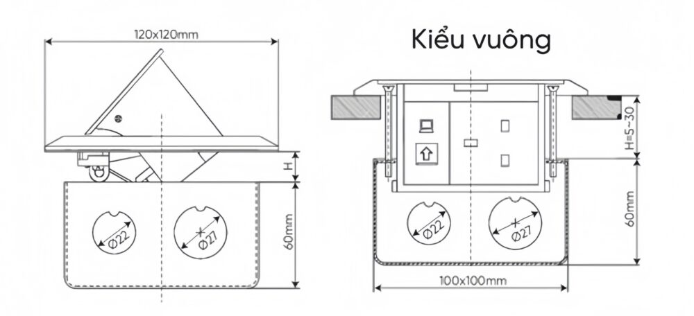 Chú thích kích thước ổ cắm âm sàn vuông MPE F2Y-60