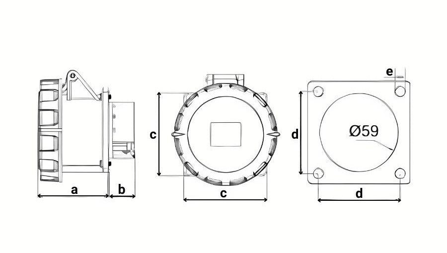 Chú thích kích thước ổ cắm cố định 4 cực 32A MPE MPN2-3242