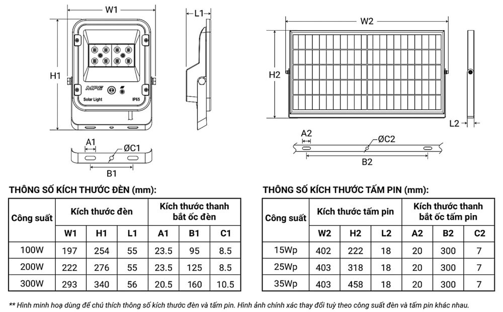 Chú thích kích thước LED pha năng lượng mặt trời 100W MPE SFLD2-100V